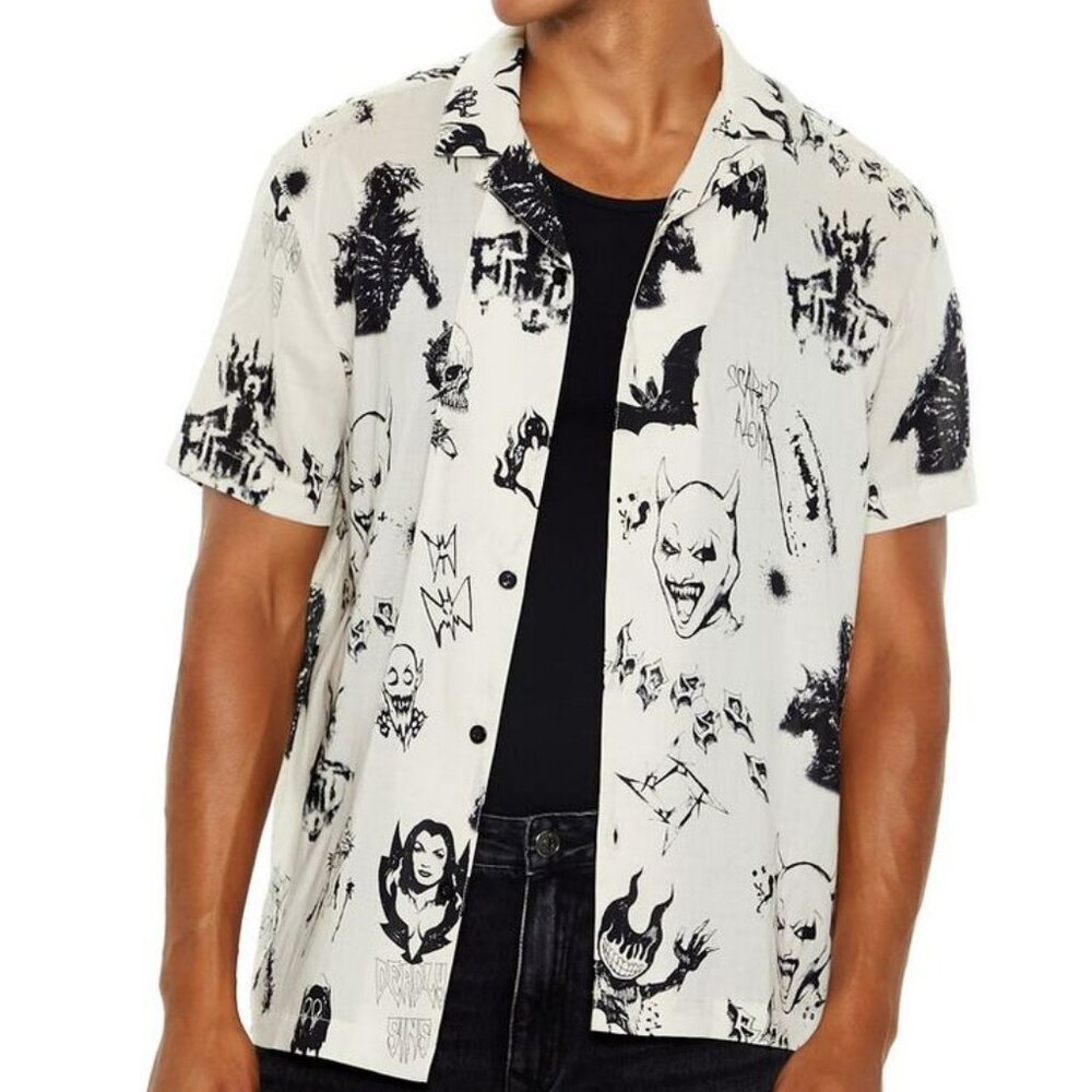 Forever 21 Monster Print Cuban Collar Button-Up Shirt Goth Devil Vampire Bat